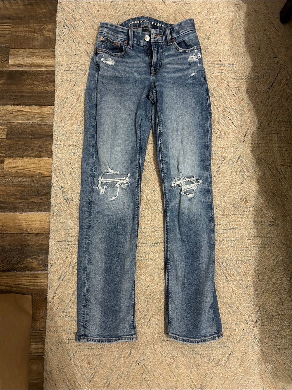 American Eagle Outfitters Mid-Blue Distressed Straight Leg Jeans